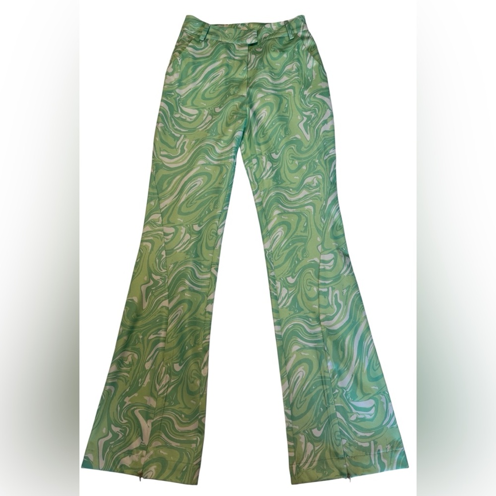 💚House of Sunny Green Swirl Marble Flare Pants Y2K 70s Psychedelic Retro 2